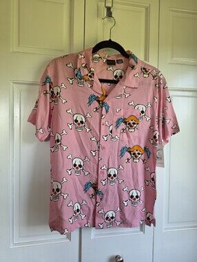 Netflix One Piece Buggy the Clown Pink Button Down Shirt Mens XS Rayon Anime